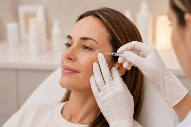 Ärztin injiziert Botulinumtoxin bei Krähenfüßen